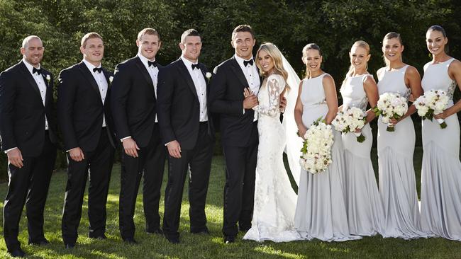 The wedding party: Burgess with his brothers Thomas, George and Luke, plus friend Chris Feather and Phoebe with bridesmaids Jemima Fairbanks, Harriet Hooke, Phoebe White and Yolanda Hodgson / Picture: Paul Suesse