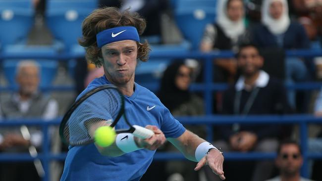 Andrey Rublev in action during the Mubadala World Tennis Championship match at Zayed Sports City in Abu Dhabi in December 2019. Picture: AFP