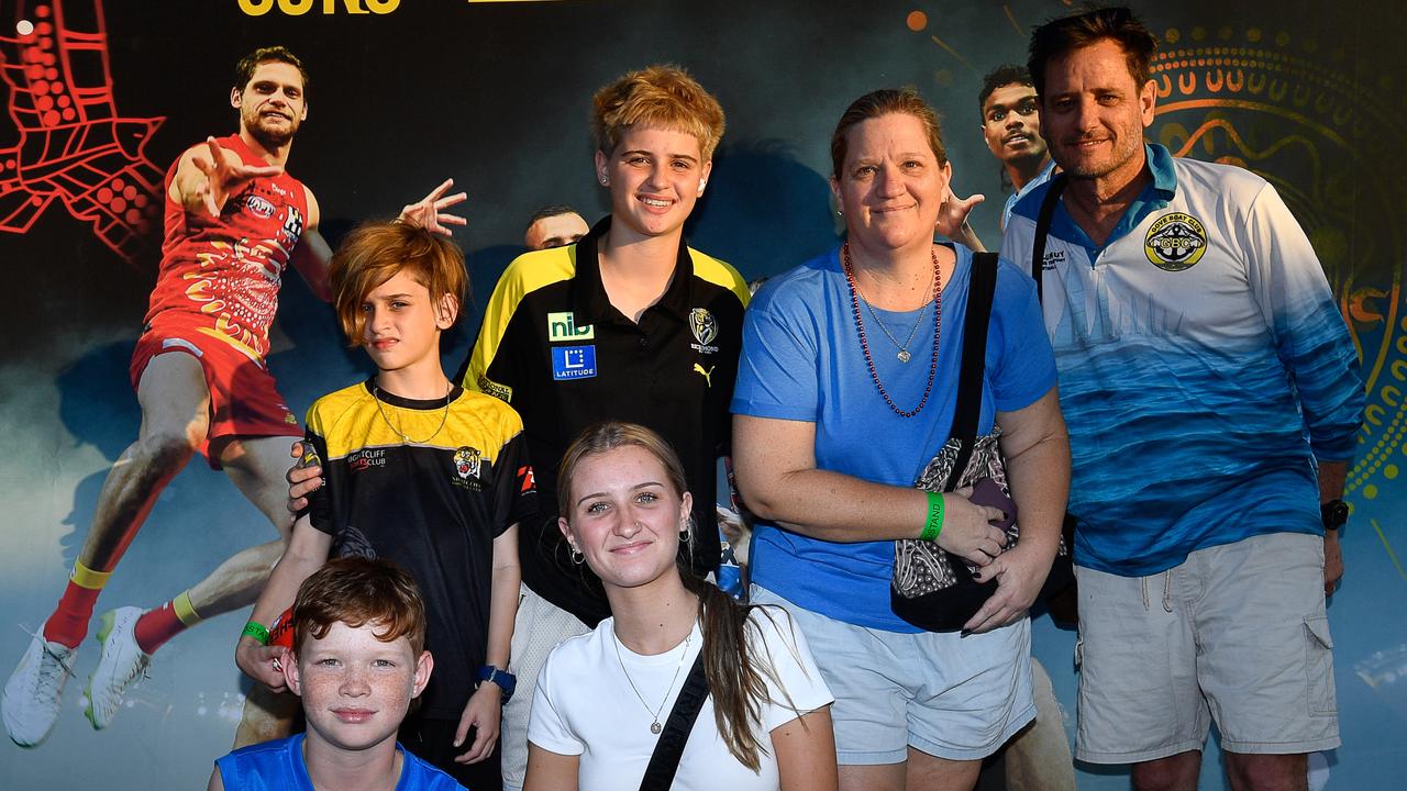 Top: Noah Robertson, Faith Robertson, Tash Robertson and Des Robertson Bottom: Mitch shea and Grace Robertson at the Gold Coast Suns match vs Western Bulldogs at TIO Stadium. Pic: Pema Tamang Pakhrin