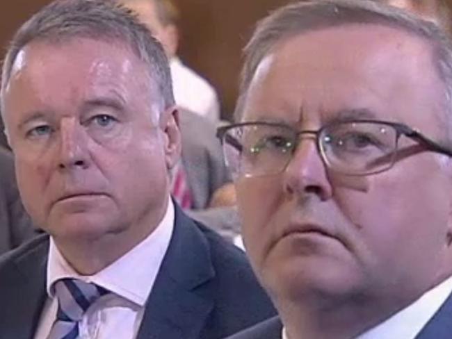 12/02/2018 Anthony Albanese (R) and Joel Fitzgibbon listen to former prime minister Kevin Rudd speaking at the National Press Club in Canberra. Source: ABC