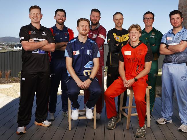 Seated L-R Caedence Kuepper South Hobart Sandy Bay and Louis Smith University.  Back L-R Josh Hartill Glenorchy, Aiden Bariol North Hobart, Steve Wild Clarence, Dylan Hay Kingborough, Joe Randall New Town, Tom McGann Lindisfarne.  CTPL cricket season launch.  Picture: Nikki Davis-Jones