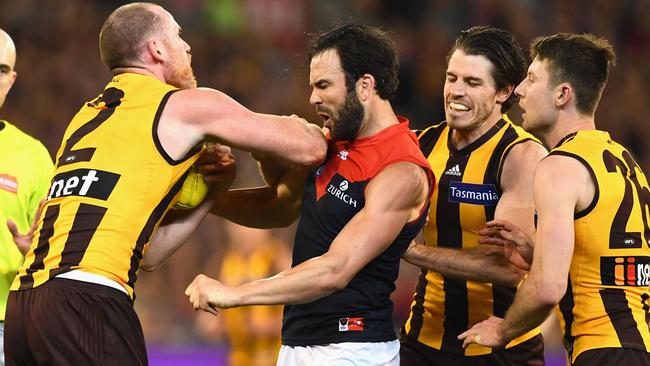 Jarryd Roughead pushes Jordan Lewis. Picture: Getty Images