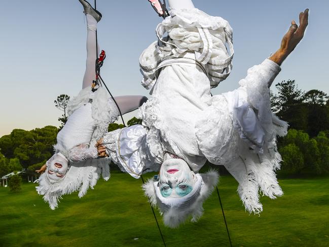 Thursday 4 February 2023 French circus company Gratte Ciel performers,   CÅ½dric Clary and Louise Aussibal suspended in the air. Gratte Ciel's art piece 'Place des Anges' (ÃPlace of AngelsÃ) at WOMADELAIDE.Pic Roy VanDerVegt.