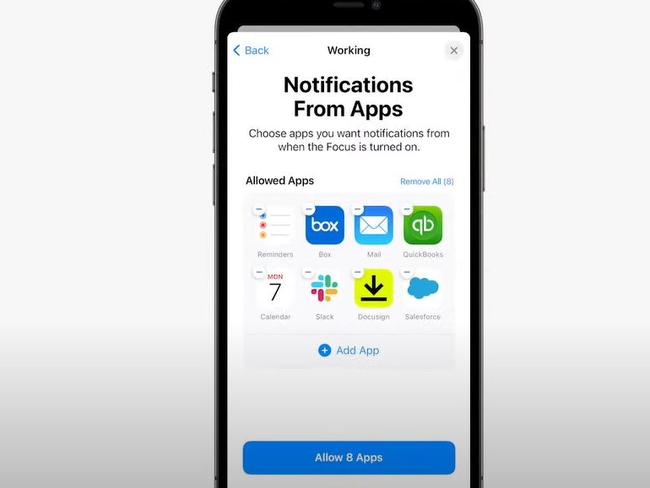 You can customise your focuses, selecting which apps are able to notify you while they're turned on. Picture: Apple