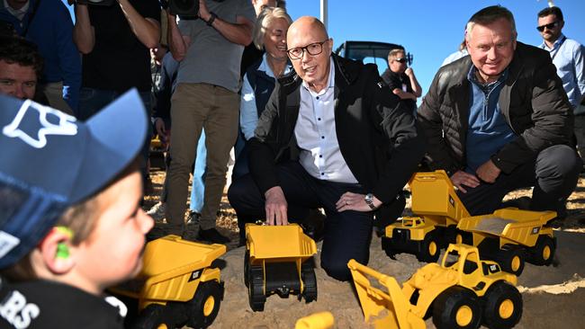 Opposition Leader Peter Dutton meets young locals during a visit to Agfest, alongside Tasmanian Premier Jeremy Rockliff. (Photo by Dan Peled/Getty Images)