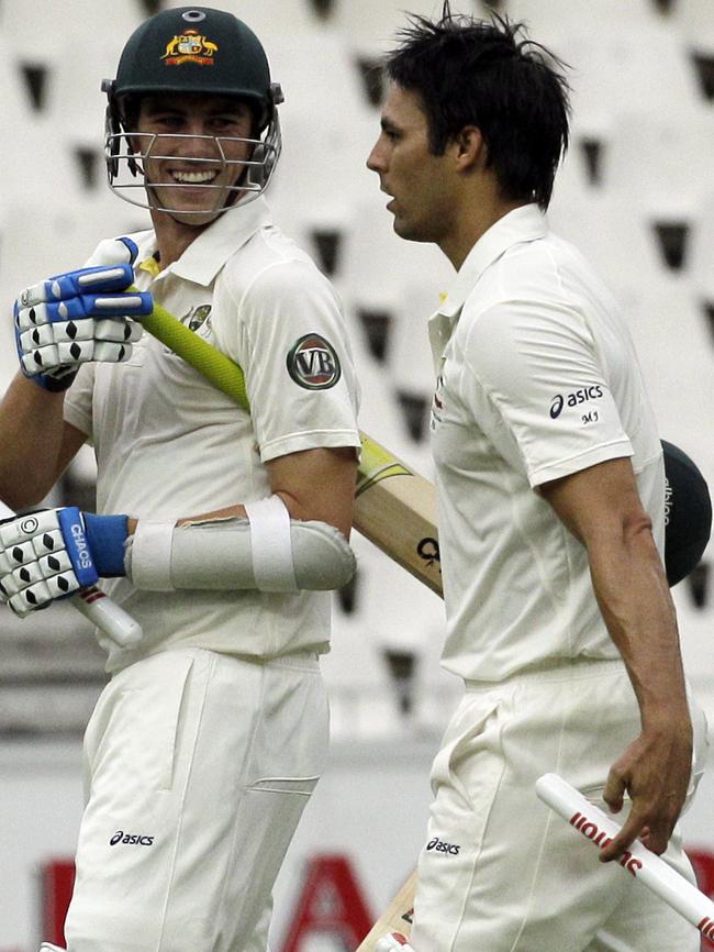 Pat Cummins with Johnson after scoring the winning runs on debut against South Africa in 2011.