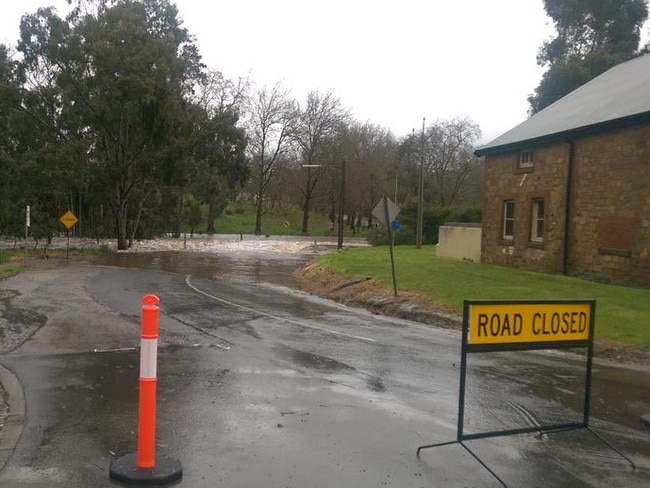 A road closed near the Onkaparinga River at Oakbank. Picture: Jordana Schriever