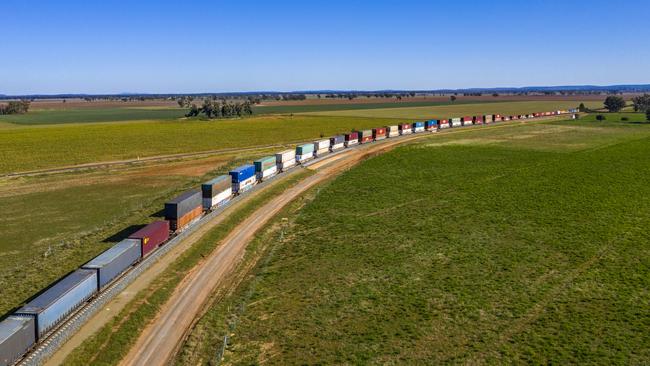 A partly double-stacked train of the kind that could use the Inland Rail line into Queensland.