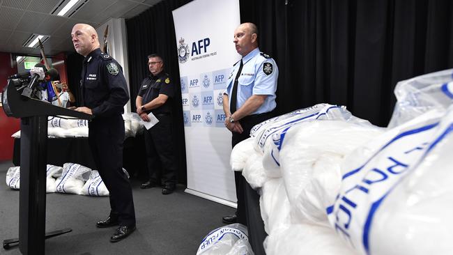 SAPOL Assistant Commissioner Scott Duval addresses media with samples of the largest South Australian seizure of crystal methamphetamine totalling 313kg. Picture: AAP Image/Roy Vandervegt