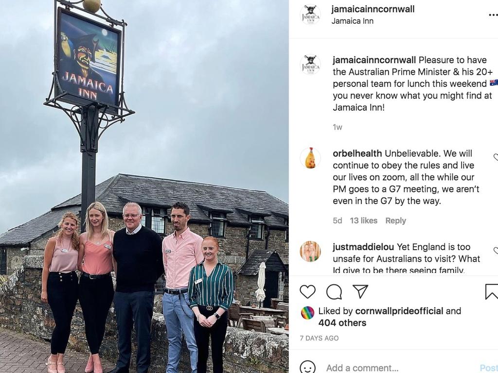 This photo of Scott Morrison in UK sparked outrage. Picture: Jamaica Inn