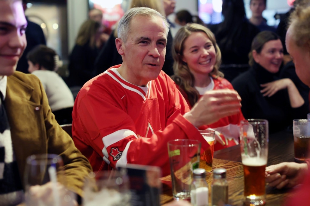 Mark Carney attends a hockey watch party in Ottawa in February 2025