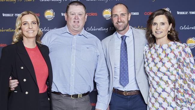 The Weekly Times Coles Farmer of the Year Awards 10-year anniversary at the National Portrait Gallery in Canberra. (From left) past winners Renee and Peter Burke from Jerilderie in NSW and Brad and Becc Couch from Timboon in Victoria.