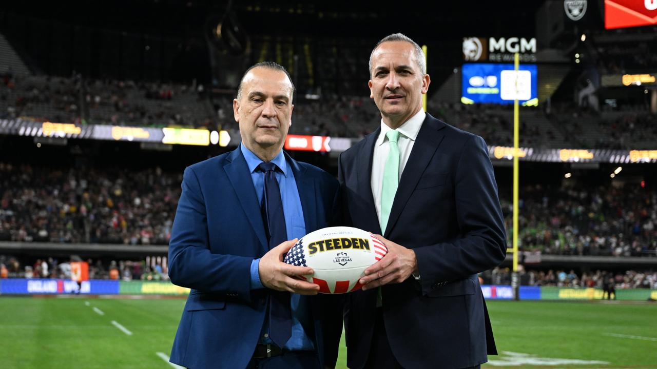 ARLC chairman Peter V'landys and NRL CEO Andrew Abdo at Allegiant Stadium in Las Vegas. V'landys said the US market was the primary play but only part of a plan to maximise global broadcast rights.