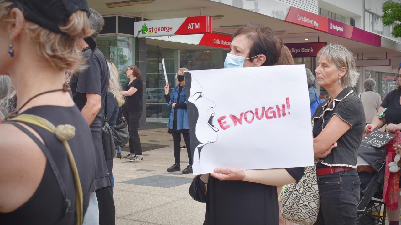 Protesters gathered at City Square on Monday for the March 4 Justice event in Coffs Harbour.