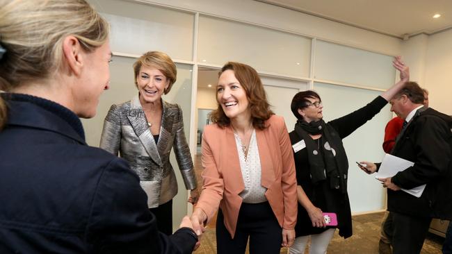 Liberal candidate for Mayo Georgina Downer with Senator Michaelia Cash, begins campaigning for Mayo in Hahndorf on Tuesday. Picture: AAP / Kelly Barnes