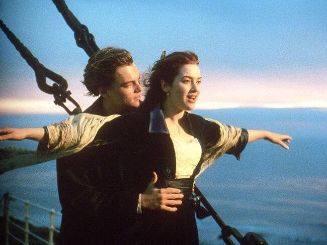 Actors Leonardo DiCaprio and Kate Winslet in a scene from the movie "Titanic".