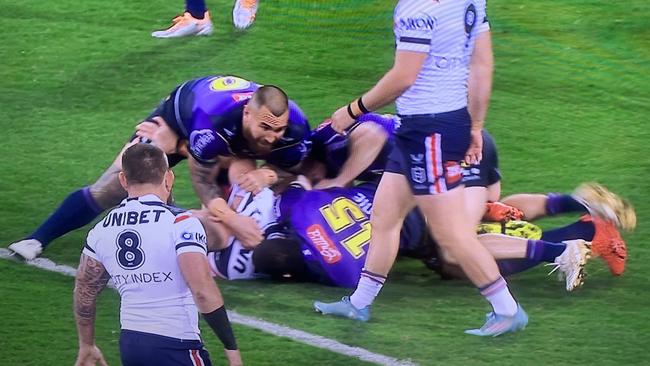 Asofa-Solomon’s loose arm against the Roosters Picture: Supplied