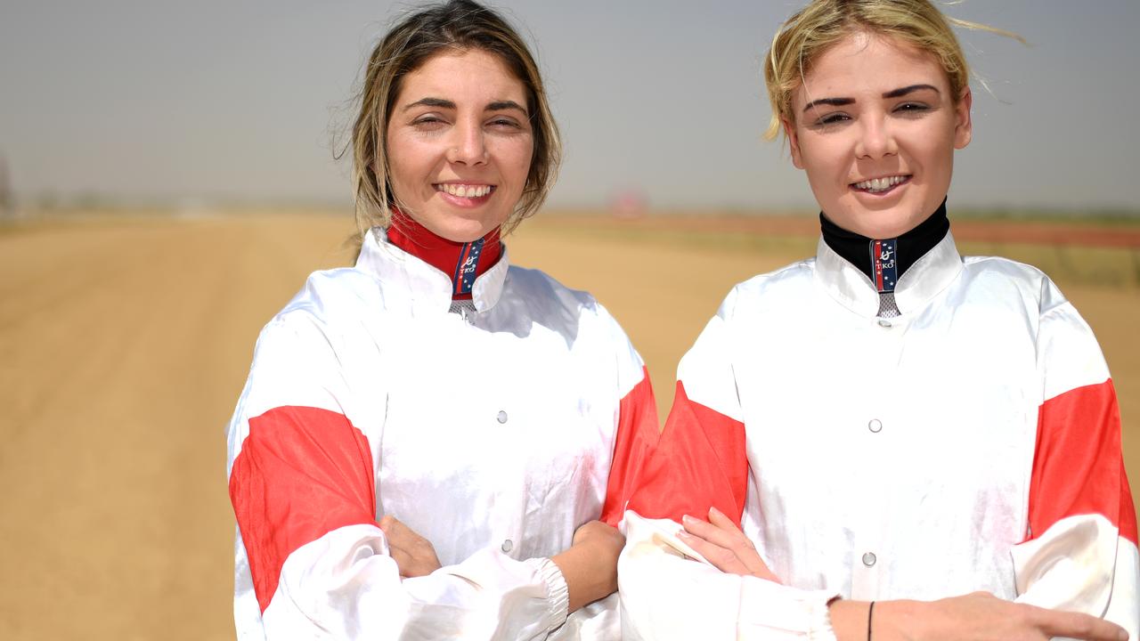 Jockies Dakota Graham (left) and Minonette Kennedy, two of the five female jockeys who competed at the 2019 Birdsville races. Picture: Image/Dan Peled