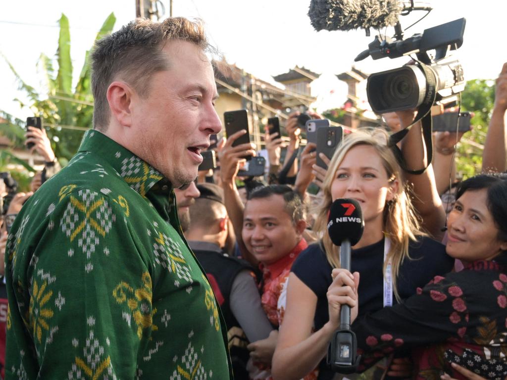 Tech billionaire Elon Musk speaks to the media at the Starlink launch. Picture: Sonny Tumbelaka/AFP