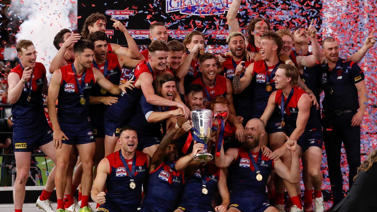 The Demons celebrate after the 2021 Toyota AFL Grand Final. Photo by Michael Willson/AFL Photos via Getty Images.