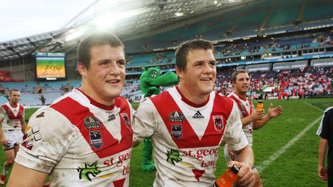 What could’ve been... Brett Morris, celebrating with twin brother Brett, wanted to return to the Dragons.