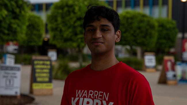 Labor volunteer Januk Surawera outside The Ponds High School polling station. Picture: Nathan Schmidt