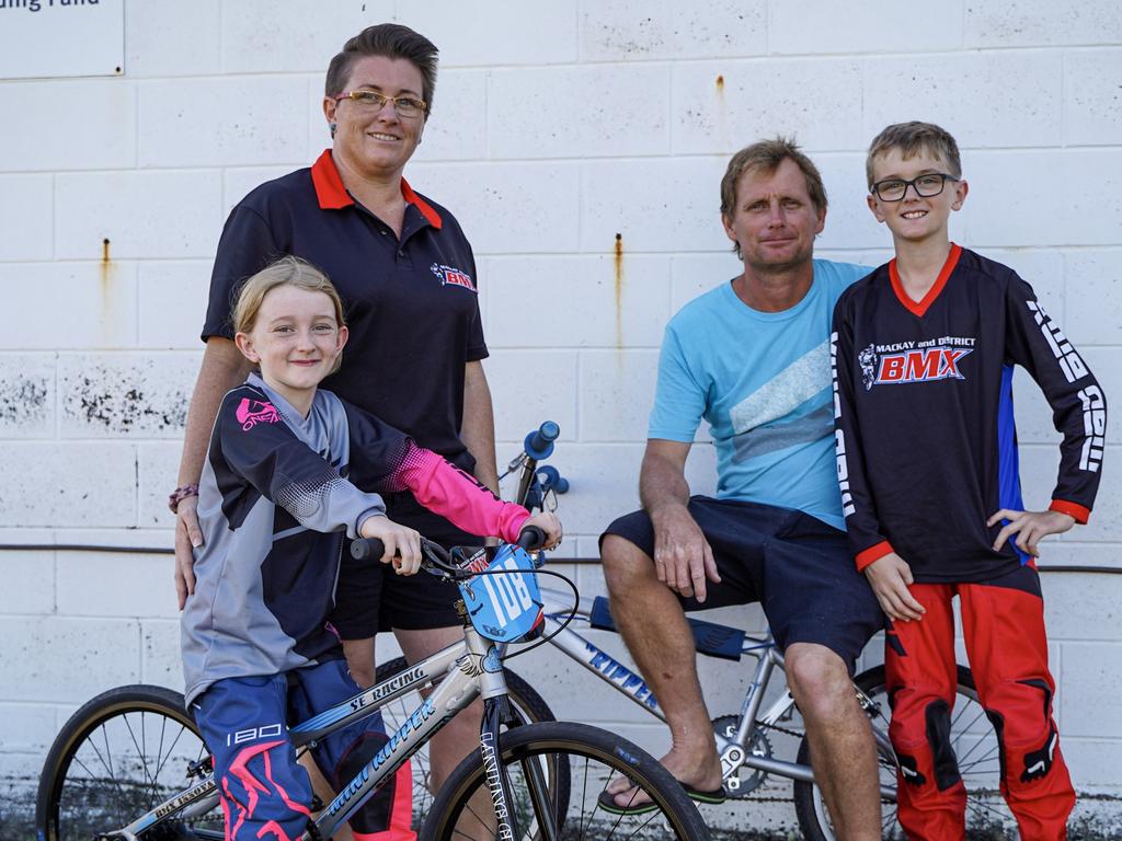 Meet the Bonehill family of Slade Point: Ella, 9, Nicole, Terry, and Nate, 11. They've fallen head over wheels for BMX riding since joining in early 2021. Picture: Heidi Petith