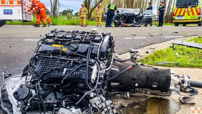 The car’s engine ended up on the side of the road after a crash on Switchback Rd Chirnside Park. Picture: Lilydale State Emergency Service