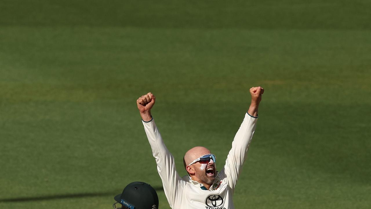 PERTH, AUSTRALIA - DECEMBER 15: Nathan Lyon of Australia celebrates the wicket of Abdullah Shafique of Pakistan during day two of the Men's First Test match between Australia and Pakistan at Optus Stadium on December 15, 2023 in Perth, Australia (Photo by Paul Kane/Getty Images)