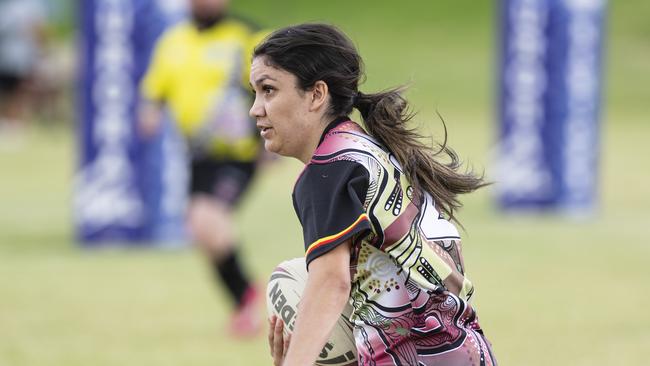 Denika Murray on the move for Toowoomba Warriors against ATSiCHS – Sister Girls in the Warriors Reconciliation Carnival women's games hosted by Toowoomba Warriors at Jack Martin Centre, Saturday, January 18, 2025. Picture: Kevin Farmer