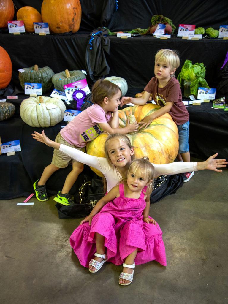 Jocelyn, Austin, Blaze and Raegan Park and the Grand Champion pumpkin of the show. Heritage Bank Toowoomba Royal Show. Saturday March 26, 2022