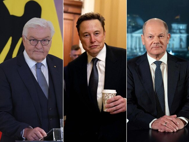 German Chancellor Olaf Scholz, Elon Musk, and German President Frank-Walter Steinmeier