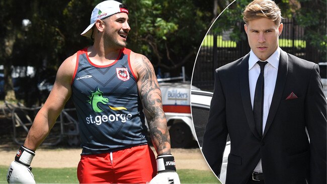 St George Illawarra's Jack Bird and Jack de Belin. Pictures: Dragons Digital/NCA NewsWire - Simon Bullard