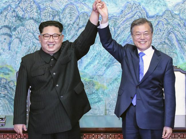 The Korean leaders made global headlines with their historic meeting last month. Picture: Korea Summit Press Pool/AP