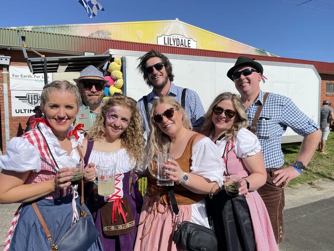 Amber, Andy, David, Byorni Helga, Wendy Helga, Chris and Frieda at the 2024 Yarra Valley Oktoberfest. Picture: Himangi Singh.