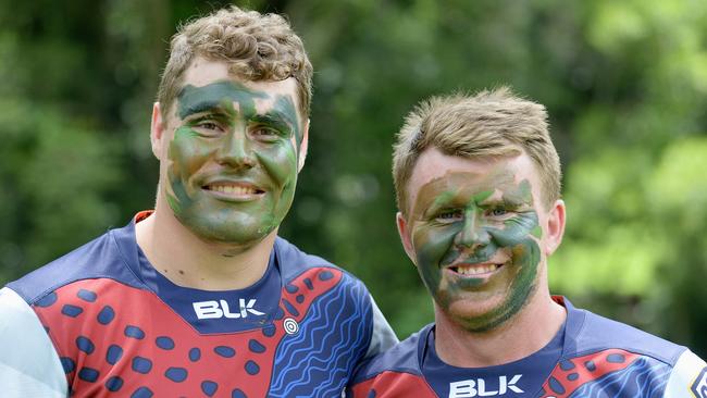 The Australian Army are partnering with the Gold Coast Cyclones representative rugby program to cement the relationship between the Canungra base troops and the Coast. Cyclones players at the base ground warfare obstacle course at Kokoda Barracks. Lachlan Currie with Scott Stokes. Picture: Lawrence Pinder