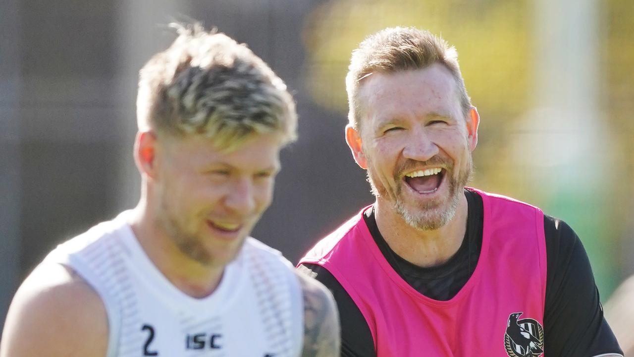 Former Magpies coach Nathan Buckley with Jordan de Goey in 2020. Picture: AAP