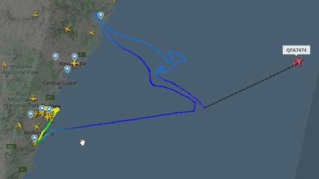 Qantas flight A7474 creates a flying kangaroo in its flight path as it leaves Sydney on its final flight to retirement. Picture: Flightradar24.com