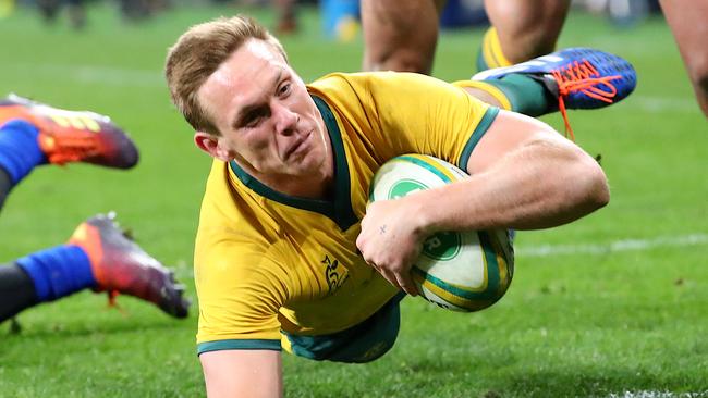 Dane Haylett-Petty of the Wallabies dives to score a try during the Australian Wallabies and Manu Samoa International match at Bankwest Stadium in Sydney, Saturday, September 7, 2019. (AAP Image/David Gray) NO ARCHIVING, EDITORIAL USE ONLY