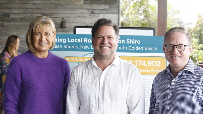 Richmond Labor MP Justine Elliot, Nationals MLC Ben Franklin and outgoing Byron mayor Simon Richardson' on his final day on council at Ocean Shores Country Club on Friday, April 30, 2021. Picture: Liana Boss