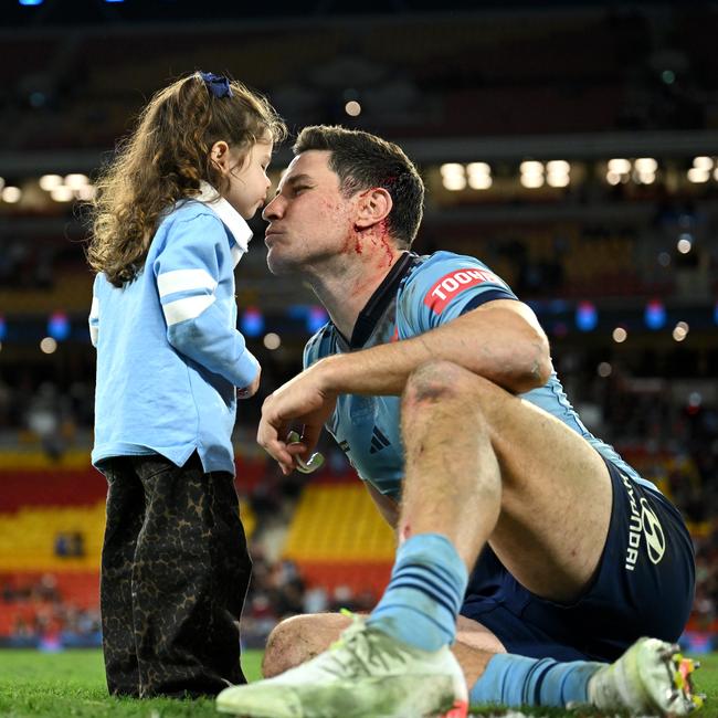 Mitchell Moses with daughter Aspyn after the match. Picture: NRL Photos