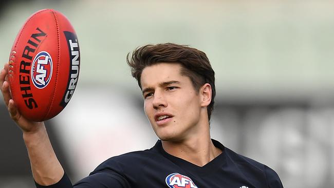 Liam Stocker impressed in his second AFL game against Collingwood on Saturday. Picture: Quinn Rooney/Getty Images.