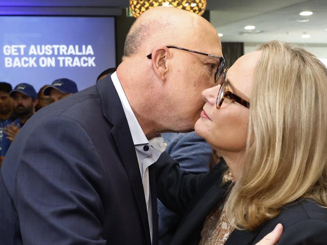 NCA 2025 FEDERAL ELECTION LIBERAL BUS. 27/04/2025Pictured is Opposition Leader Peter Dutton embracing his wife Kirilly Dutton as he attended a Liberal Party rally at Melton Entertainment Park at Melton in the electorate of Hawke outside Melbourne in Victoria.Picture: Richard Dobson / NewsWire