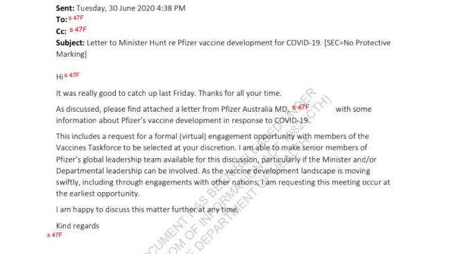 Emails between Pfizer representatives and government officials were released on Wednesday under Freedom of Information. Picture: Supplied via NCA NewsWire