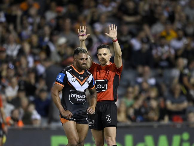 To make matters worse, the Tigers could be without Api Koroisau to star the 2025 season after he was sin binned for a dangerous lifting tackle on Gutherson. Picture: NRL Imagery