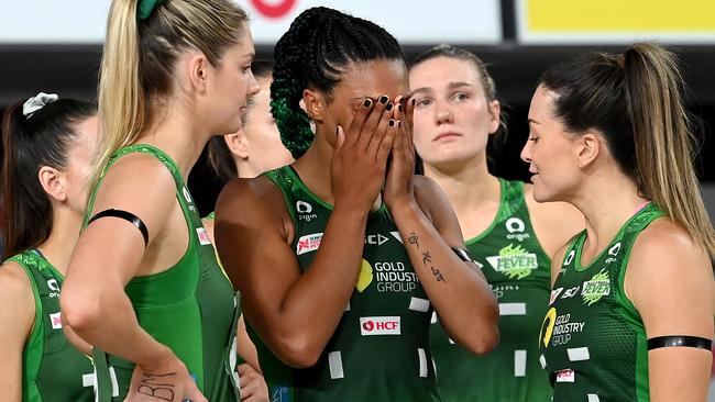 West Coast Fever players look dejected after losing this year’s Super Netball Grand Final (Photo by Bradley Kanaris/Getty Images)