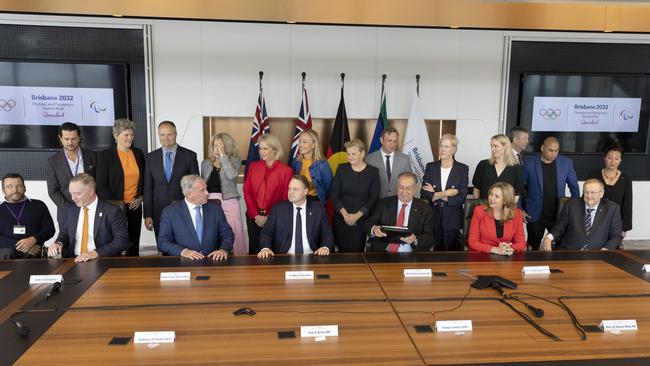 John Coates (front, right) with members of the Organising Committee (OCOG) gather for the inaugural Board Meeting for the Brisbane 2032 Olympic and Paralympic Games.