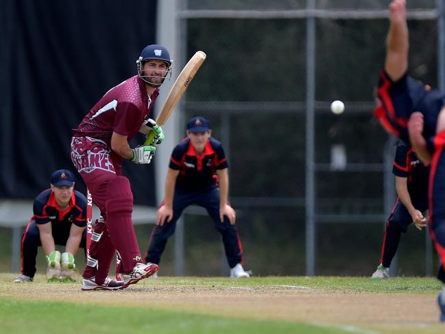 Caboolture batsman Glen Batticciotto keeps an eye on the ball.