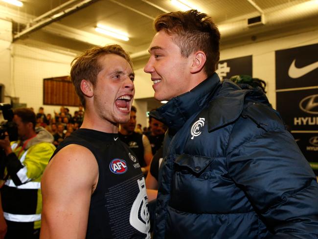 MELBOURNE, AUSTRALIA - MAY 1: Ciaran Byrne (left) and Patrick Cripps celebrate in the Carlton rooms after a win in 206. Picture: Michael Willson/AFL Media.