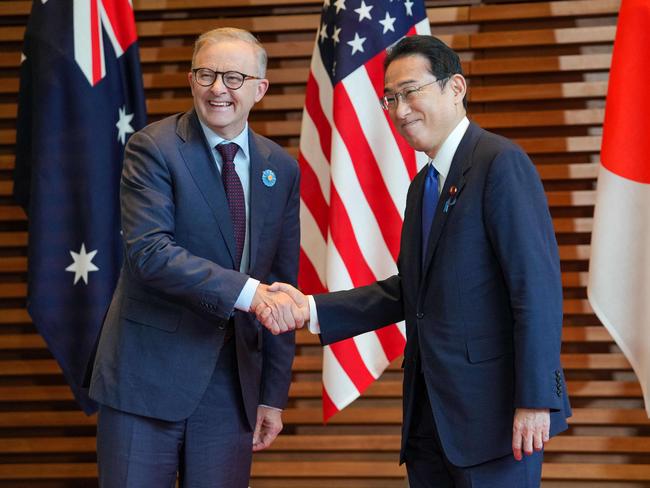 Japanese Prime Minister Fumio Kishida welcomes Anthony Albanese. Picture: AFP